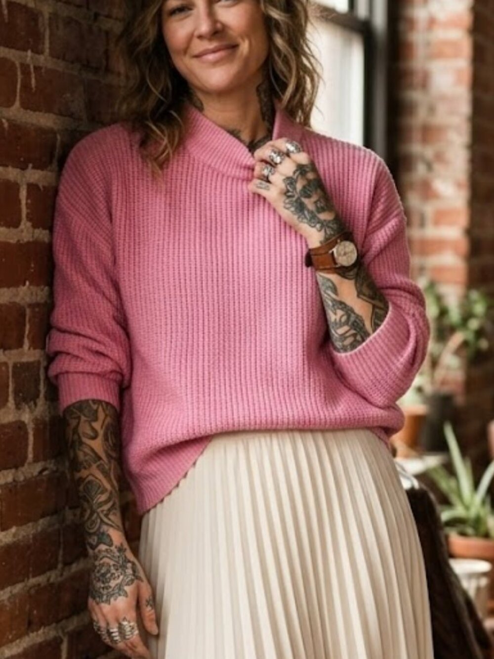 Society Coral Pink Chunky Knit Sweater Cropped Mock Neck Y2K L/XL